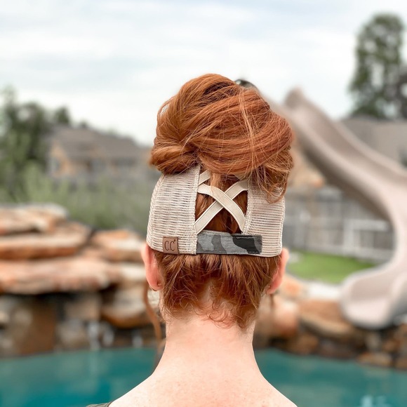 Distressed OLIVE GREEN Camo Criss-Cross High Pony Ball Cap - Picture 4 of 7